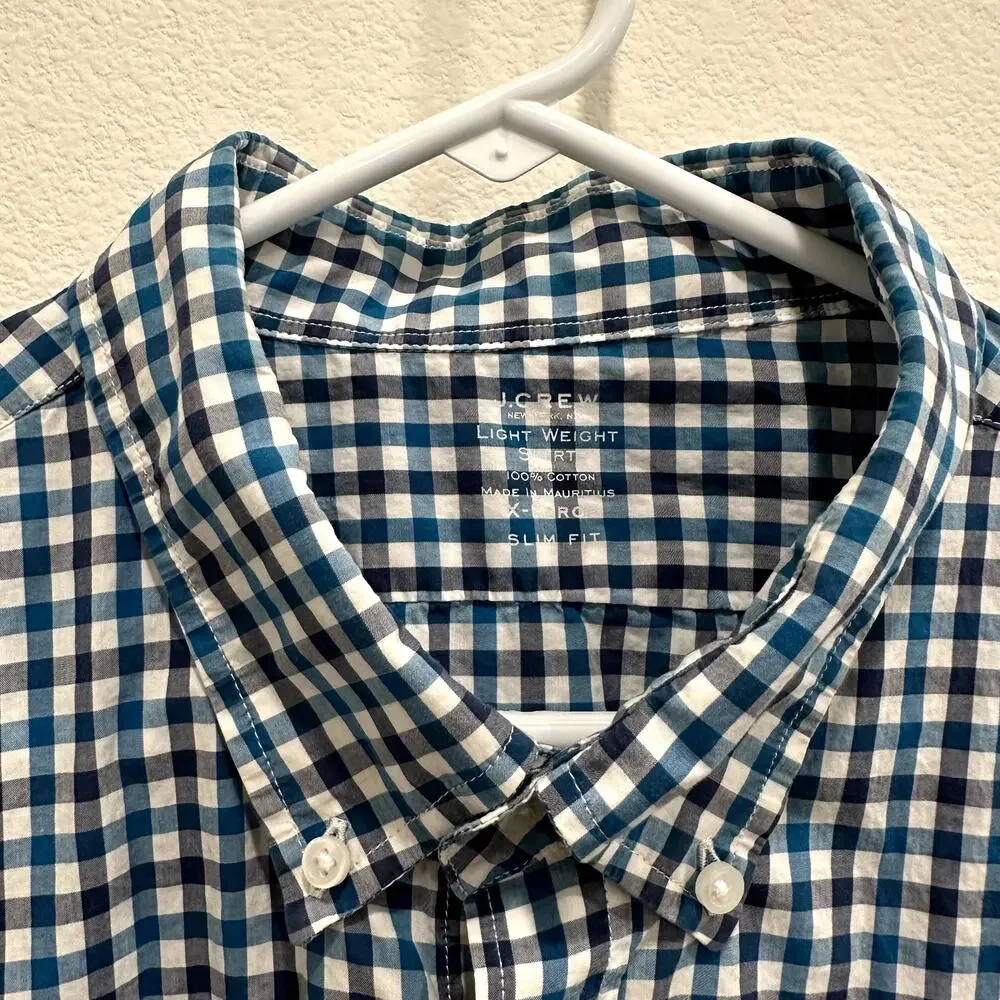 J.Crew Mens XL Blue White Gingham Check Slim Fit Button Down Long Sleeve Cotton
